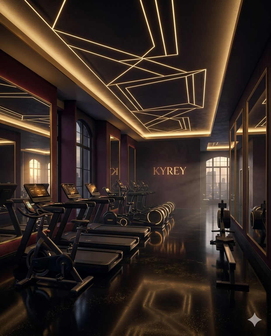 Academia premium parceira Kyrey - interior moderno com equipamentos profissionais e iluminação neon dourada